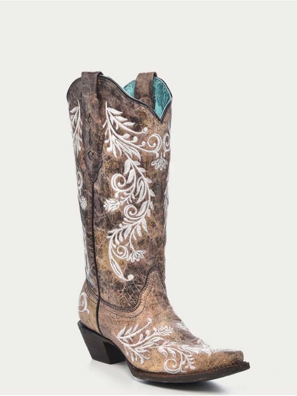 Corral Brown Leather Western Boots with White Embroidery - Picture 2 of 4